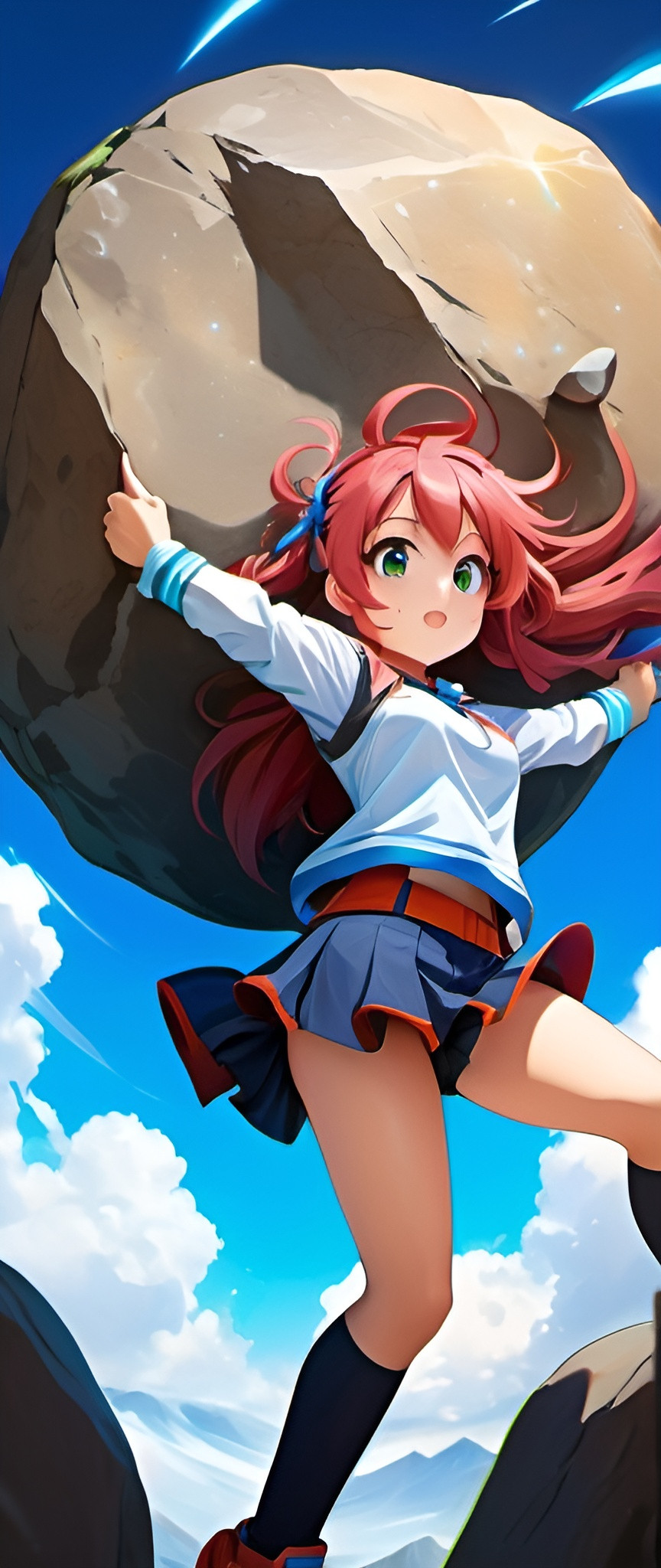 Image AI: Open Art: Cute girl (holding a huge boulder) overhead, anime, highres, detailed, vibrant colors, dynamic pose, large boulder, flowing hair, determined expression, strong yet feminine, energetic, vibrant lighting, colorful anime style, intense eyes, anime, vibrant, dynamic, determined, strong, colorful, detailed hair, highres