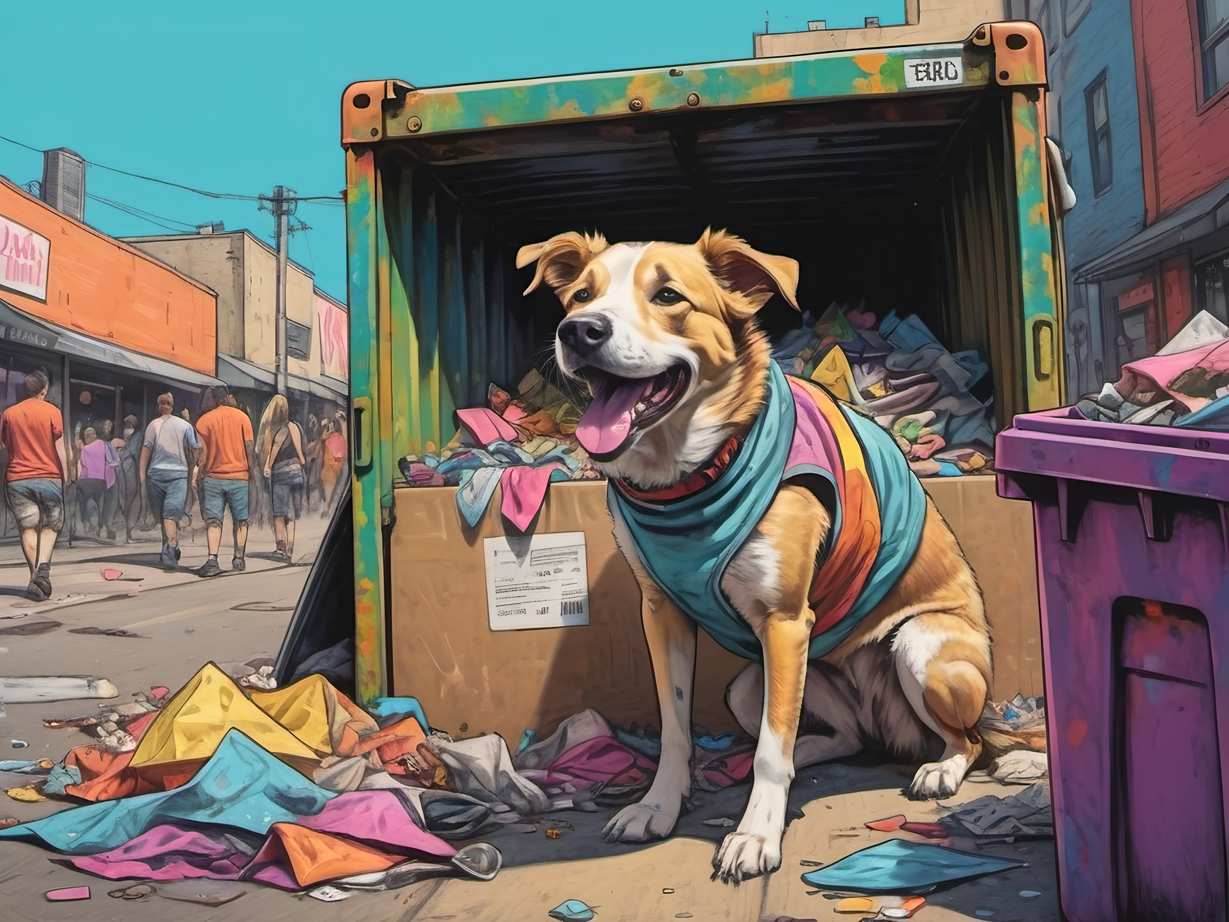 Detailed Happy Dog Wearing Clothes Dumpster Diving D OpenArt   Detailed Happy Dog Wearing Clothes Dumpster Diving During A Festival Sketc Vely Atmosphere Fun Detailed Dogs Colorful Chaotic Vibrant Happy Go Lucky  IhUHyMq Upscaled 