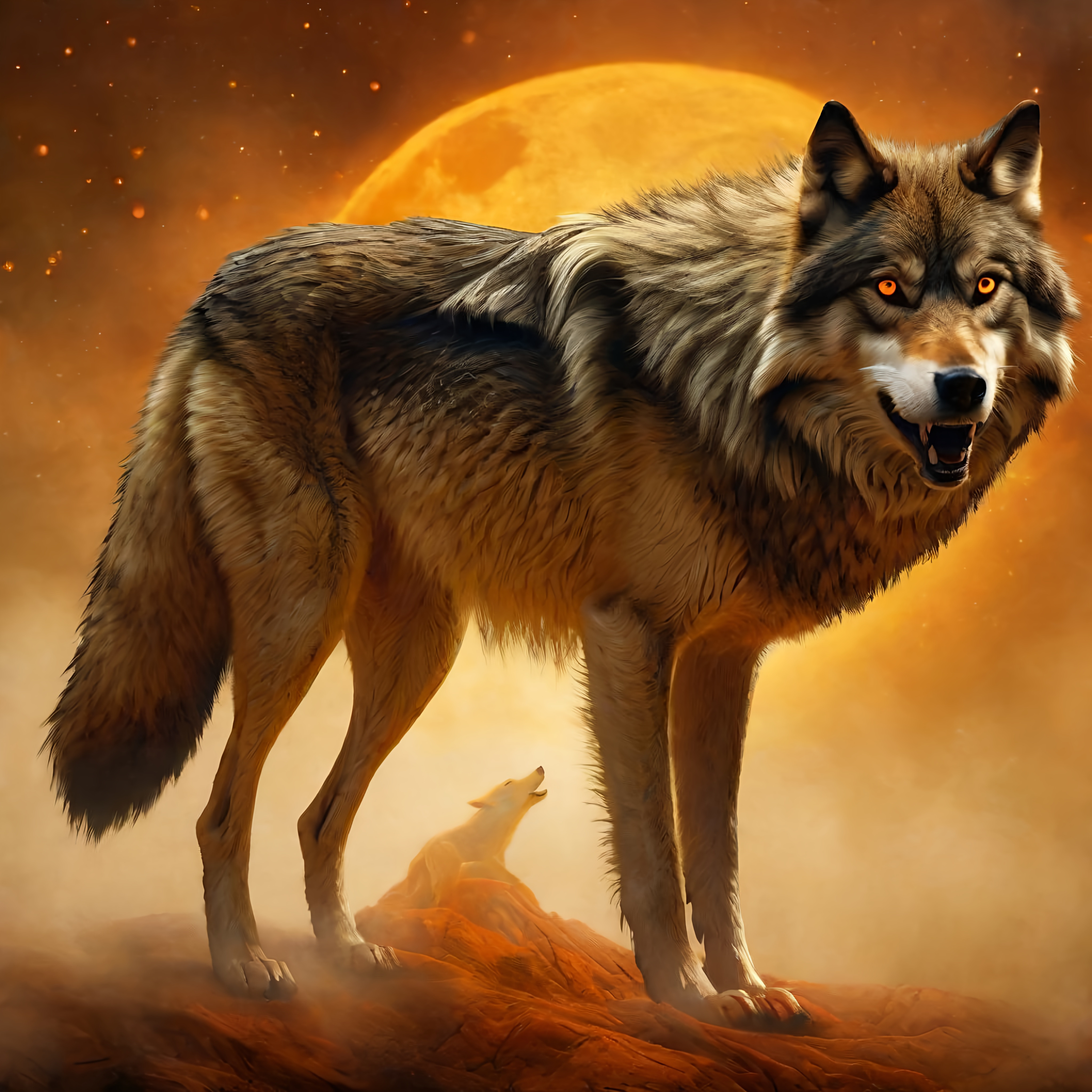 epic wolf howling at {golden moon}, billowing wild f...