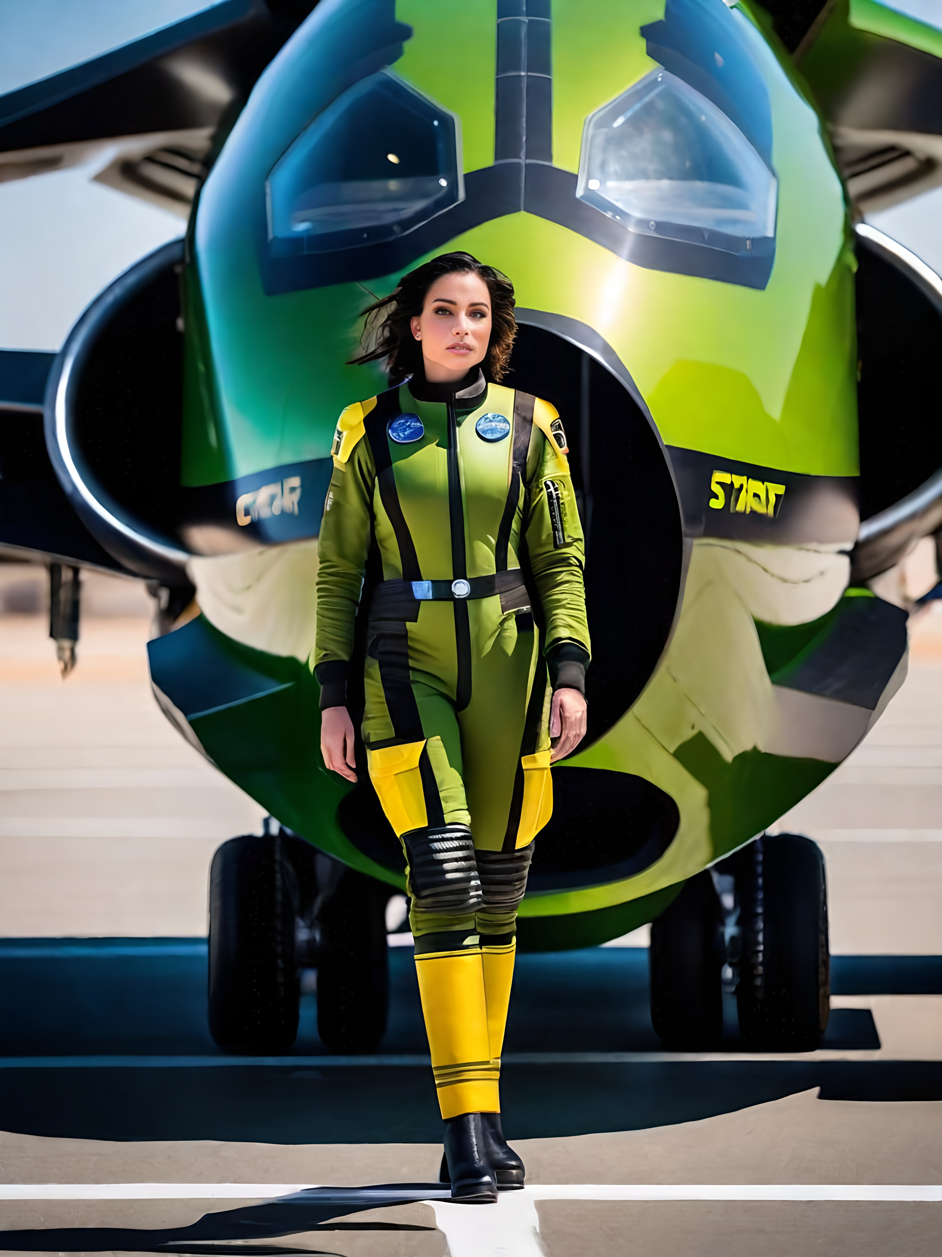 female pilot stands in front of a futuristic space craft on a crowded tarmac wearing green yellow a