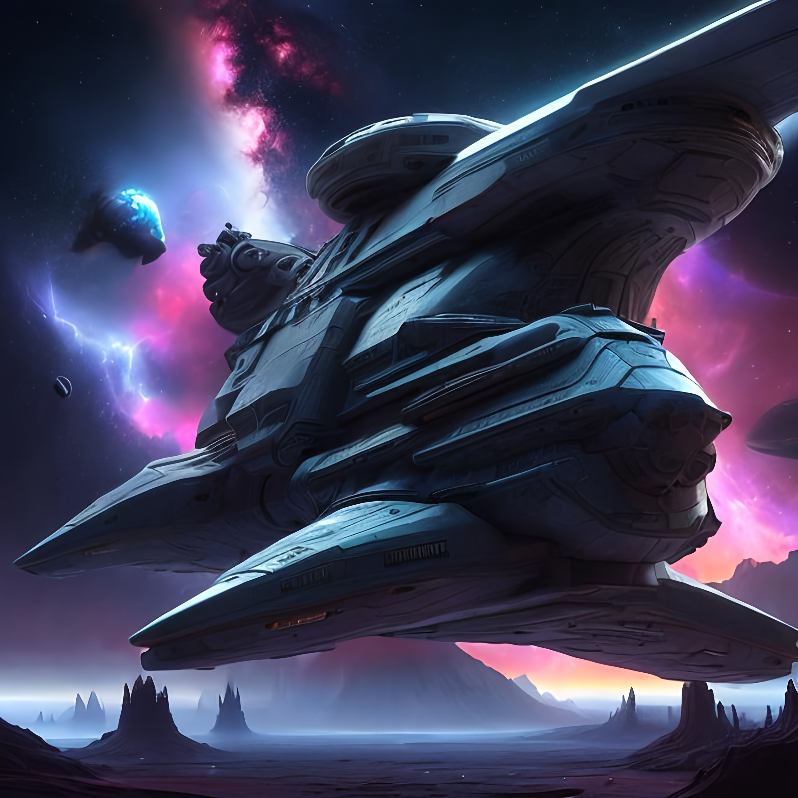 Image AI: Open Art: Futuristic starship, science fiction, spacecraft, vessel, galaxy, nebula, outer space, darkness, digital painting,  digital illustration,  extreme detail,  digital art,  4k,  ultra hd, beautiful fantasy landscape,  realistic and natural,  cosmic sky,  detailed full-color,  nature,  hd photography,  fantasy by john stephens,  galen rowell,  david muench,  james mccarthy,  hirō isono,  realistic surrealism,  elements by nasa,  magical,  detailed,  alien plants,  gloss,  hyperrealism