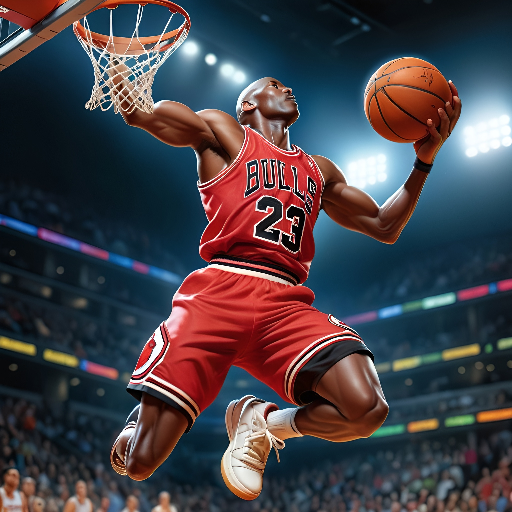 Giantsized basketball player performing gravitydef...