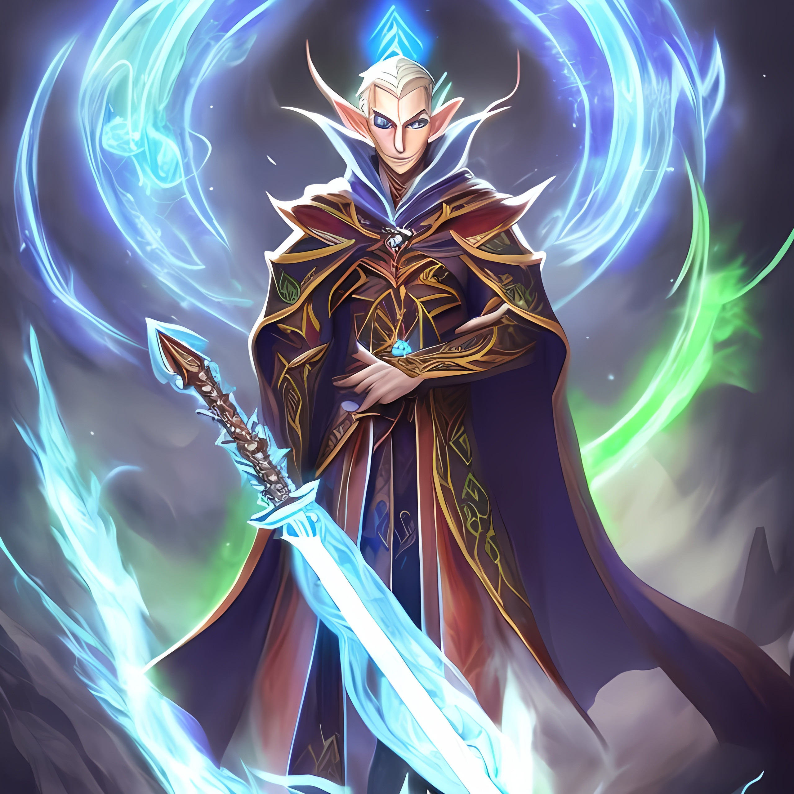 high elf wizard with glowing sword and spell book g...