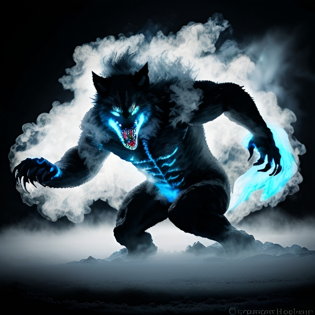 Large black and white werewolf with glowing blue eye...