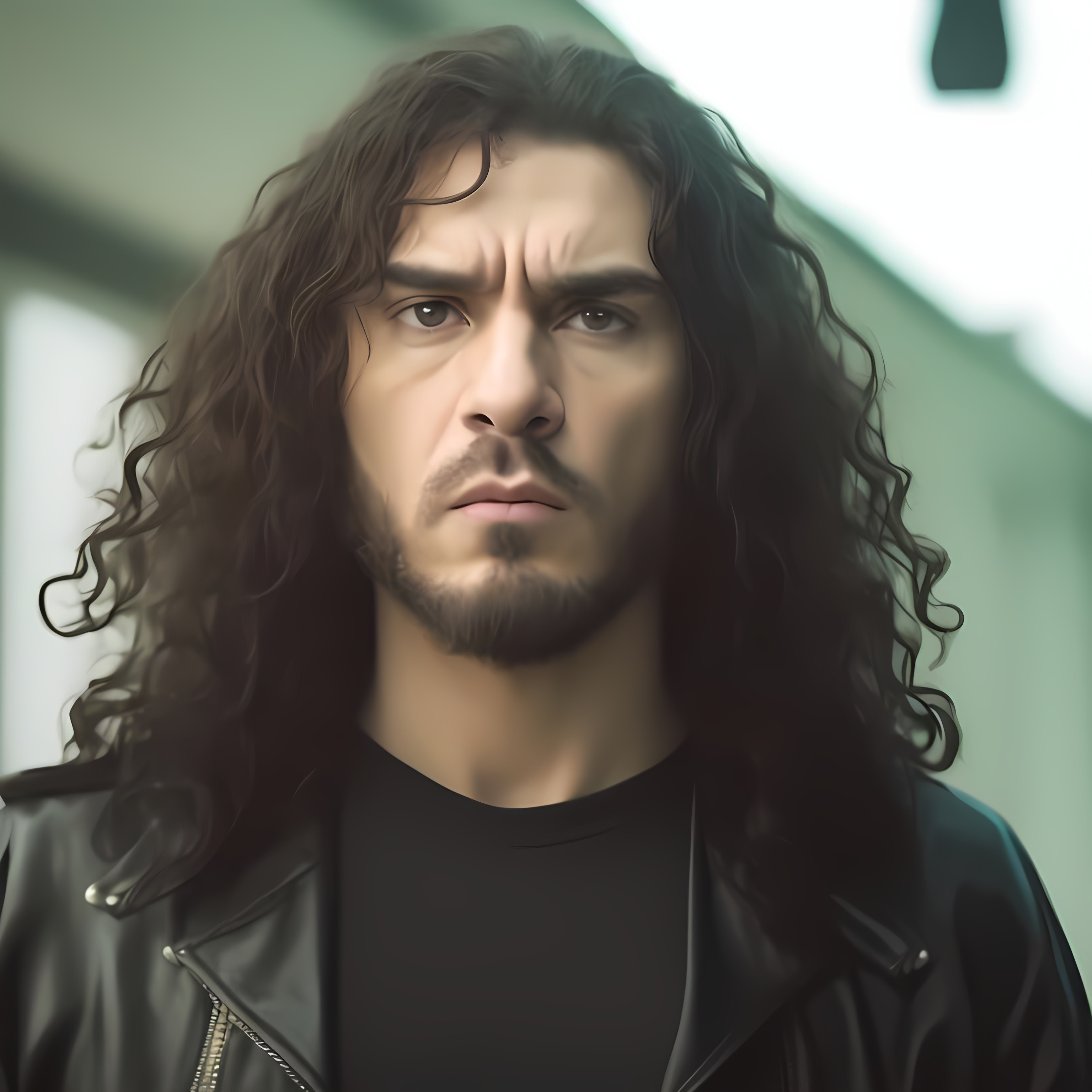 masculine man i with long curly hair, stern look met...