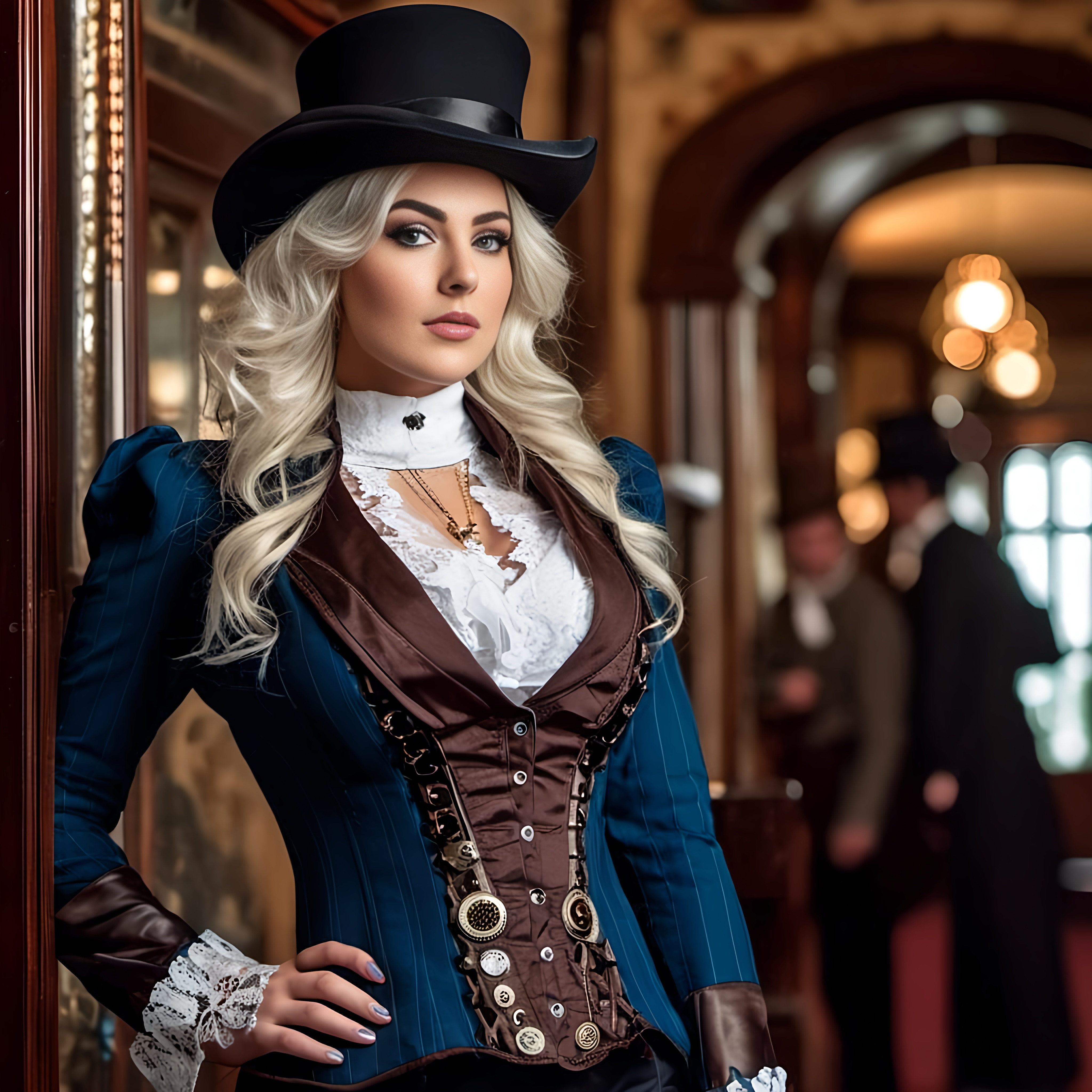 Steampunk woman, pinstriped victorian suit,... | OpenArt