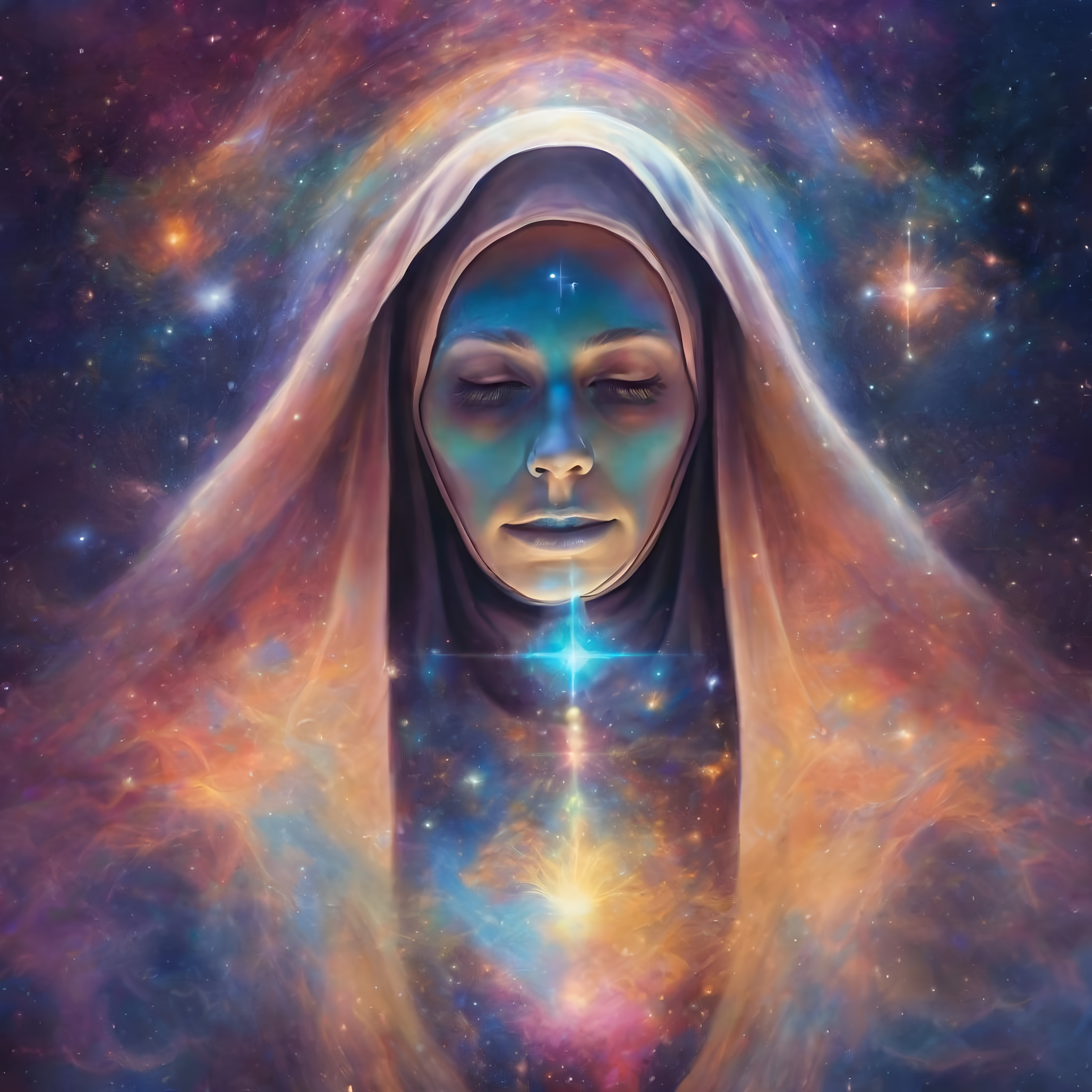 Nun exhaling galaxies and stars, cosmic art medium,... OpenArt