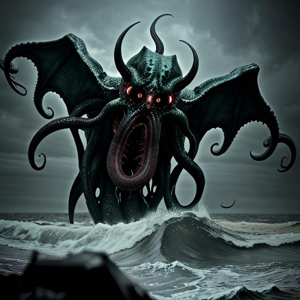 Photorealistic, chaotic scene of Cthulhu emerging fr...