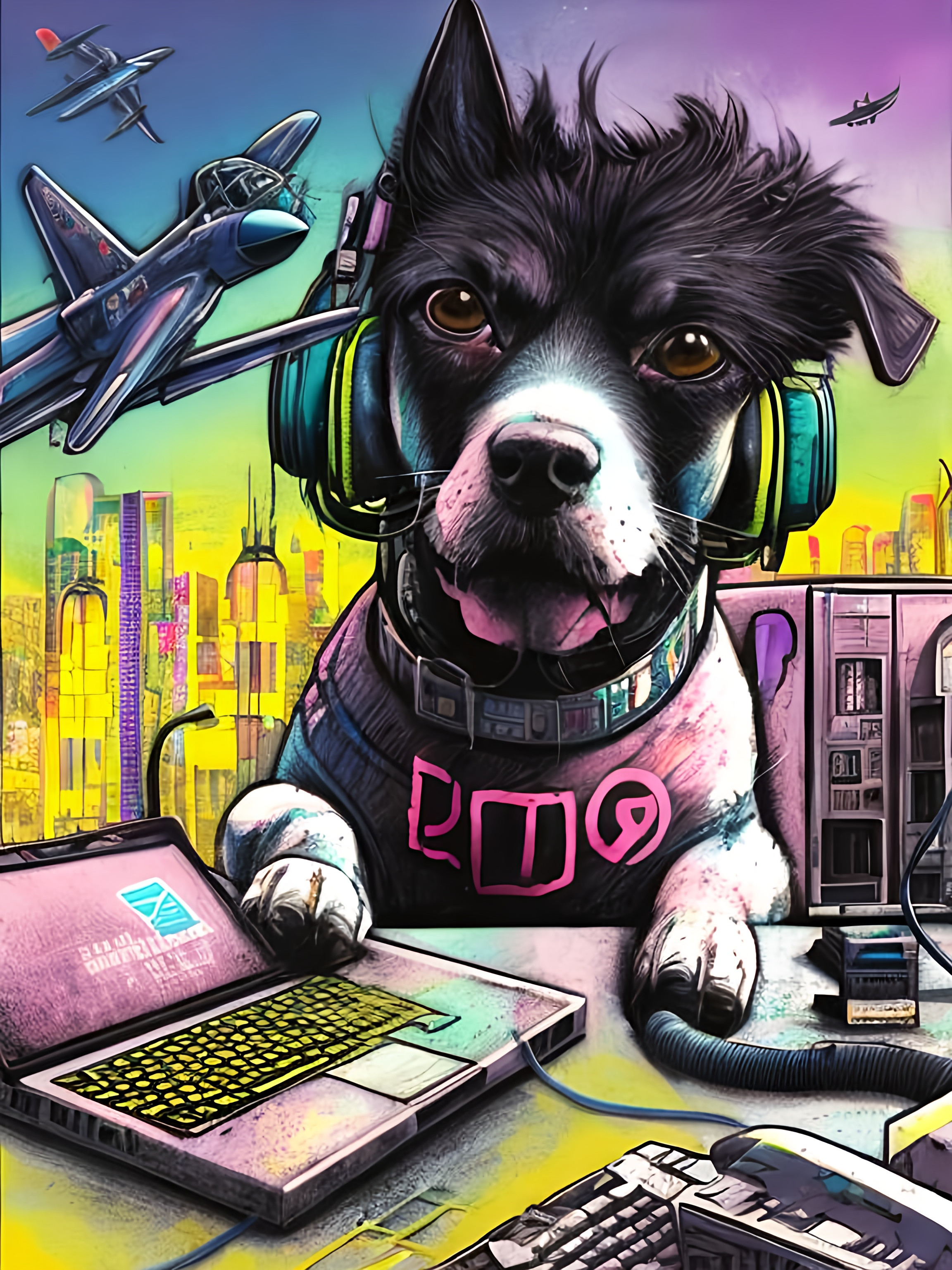 Pop Art Chalk Pastel Art Of A Detailed Dog Hacking A   Pop Art Chalk Pastel Art Of A Detailed Dog Hacking A Computer On The Stree  Detailed Background Highres Fun Atmosphere Natural Lighting Abstract Fun Mi0kAz 5 Upscaled 