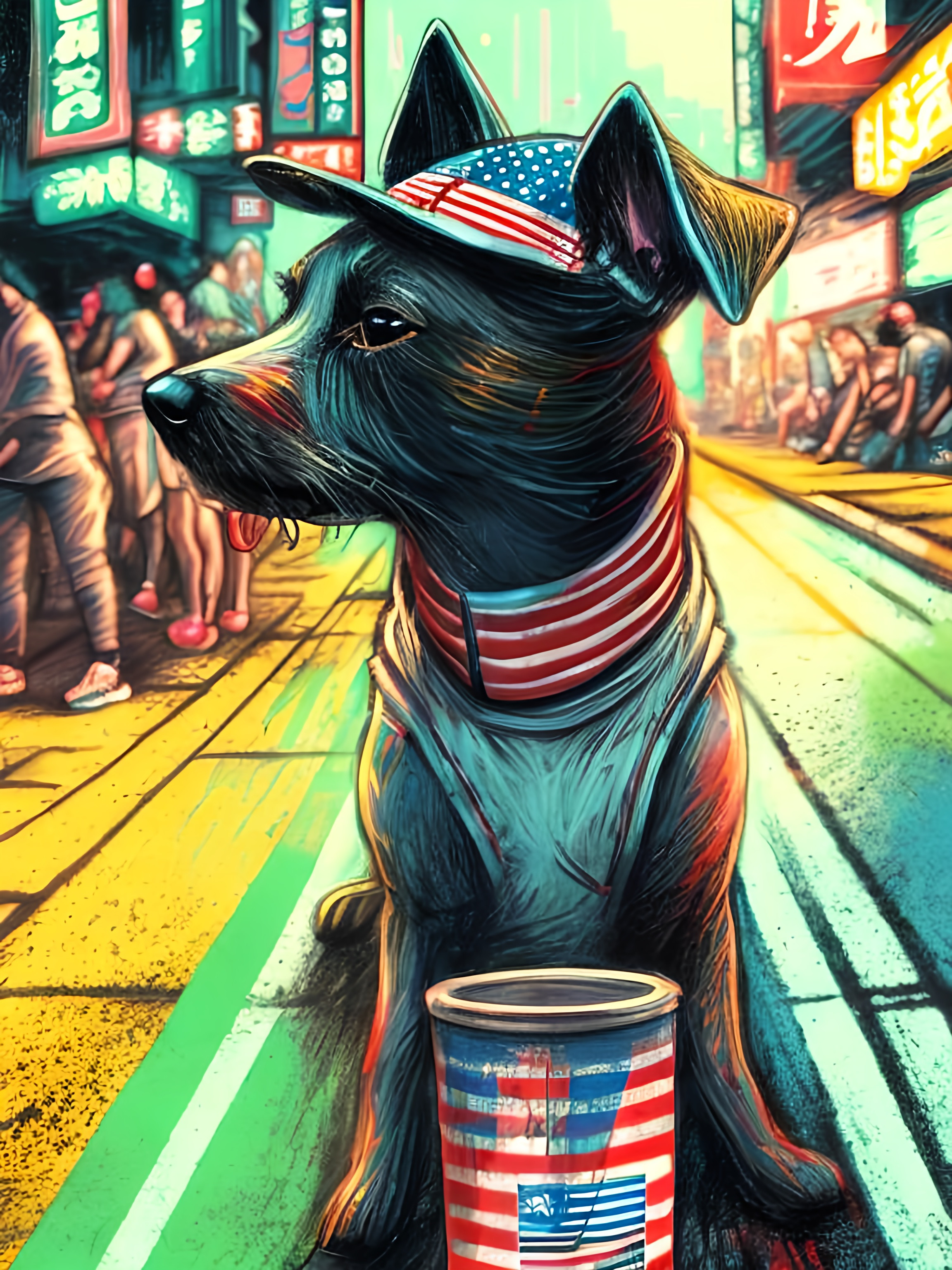 Pop Art Chalk Pastel Art Of Detailed Dog Wearing Usa   Pop Art Chalk Pastel Art Of Detailed Dog Wearing Usa Clothes Playing In Th  Detailed Background Highres Fun Atmosphere Natural Lighting Abstract Fun RVdExxSs Upscaled 