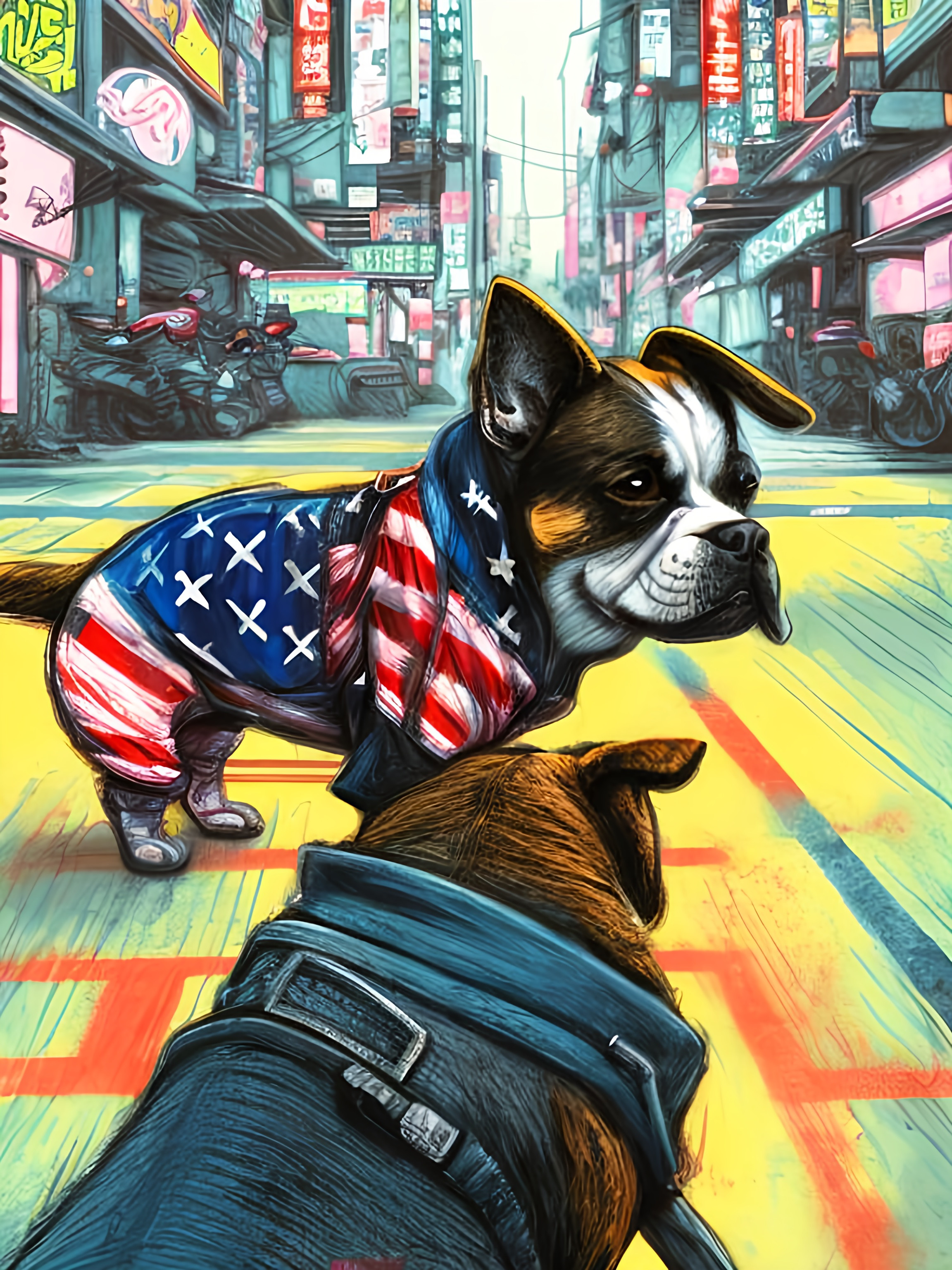 Pop Art Chalk Pastel Art Of Detailed Dog Wearing USA   Pop Art Chalk Pastel Art Of Detailed Dog Wearing Usa Clothes Playing In Th  Detailed Background Highres Fun Atmosphere Natural Lighting Abstract Fun KgpT9pR3 Upscaled 