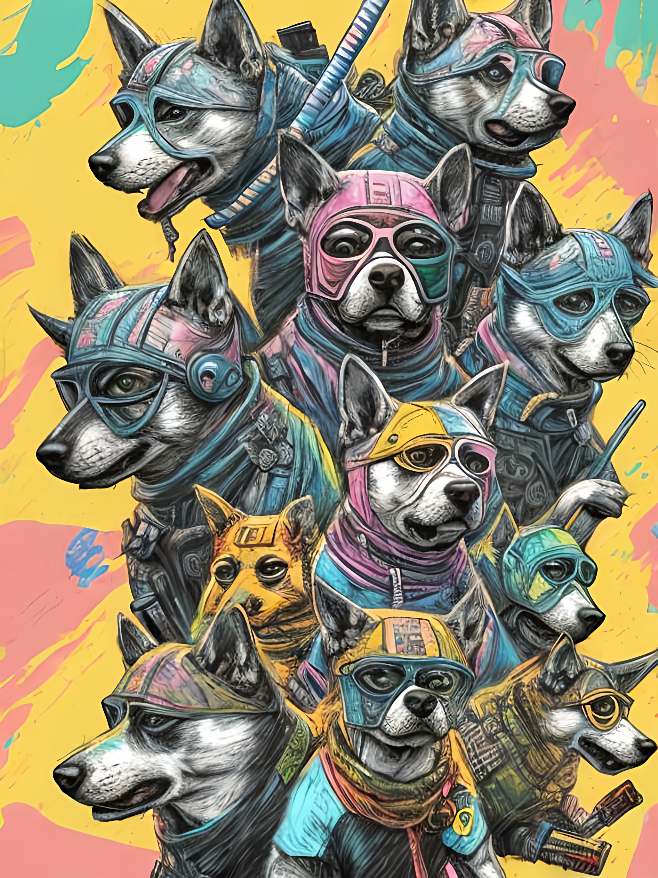 Pop Art Chalk Pastel Art Of Detailed Dogs Wearing Ni   Pop Art Chalk Pastel Art Of Detailed Dogs Wearing Ninja Clothes Playing In  Detailed Background Highres Fun Atmosphere Natural Lighting Abstract Fun 2RqB2xjD Upscaled 