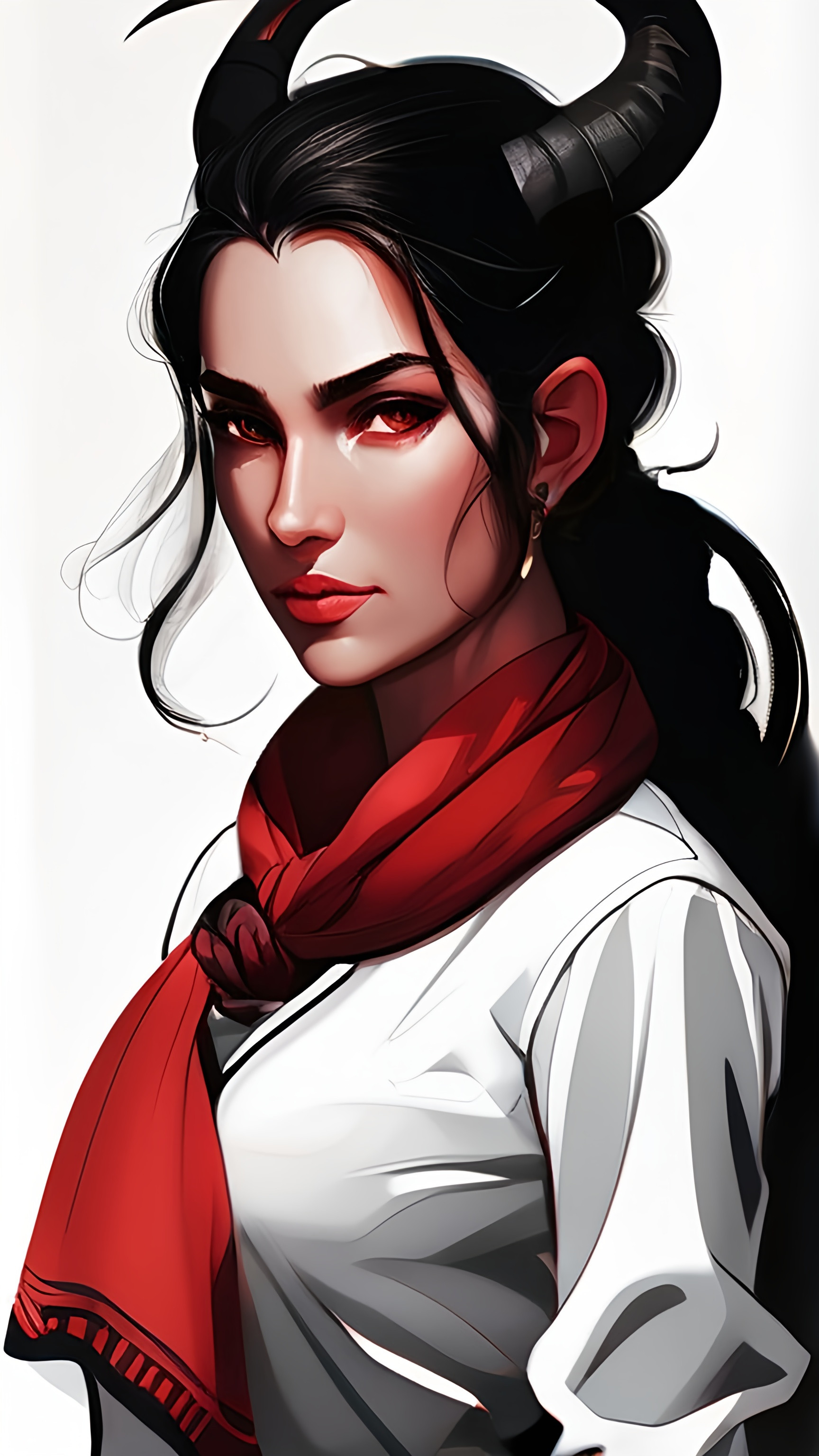 portrait of a young female Tiefling with curved black horns and braided blakc hair wearing a white b