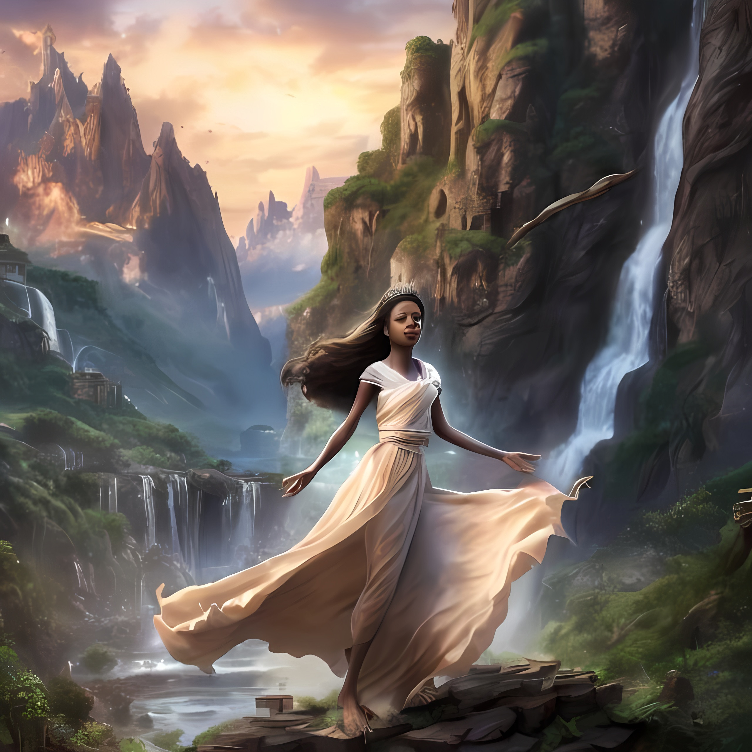 Realistic photo of a compassionate princess helping the impoverished stunning natural landscape de