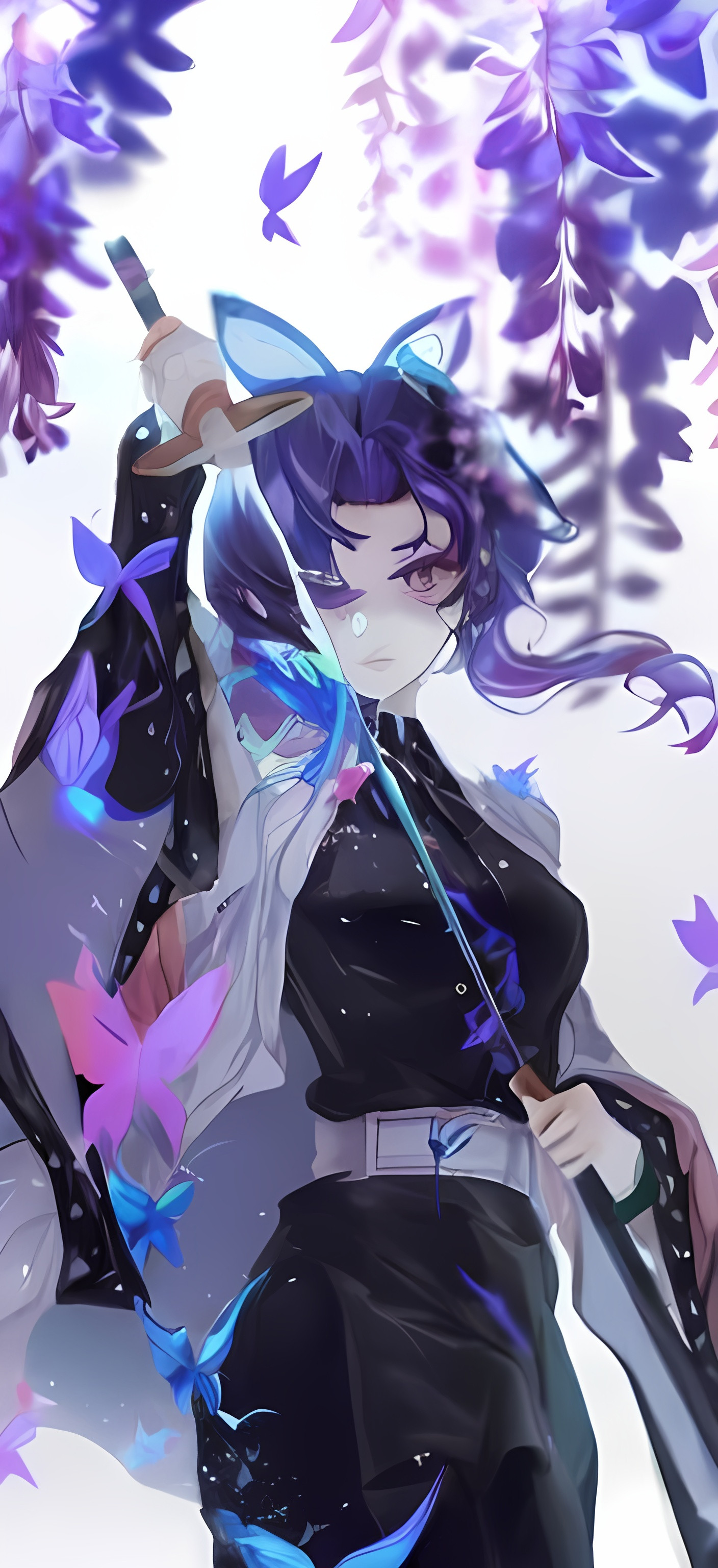 Shinobu, demon slayer, anime, purplish black hair, w...