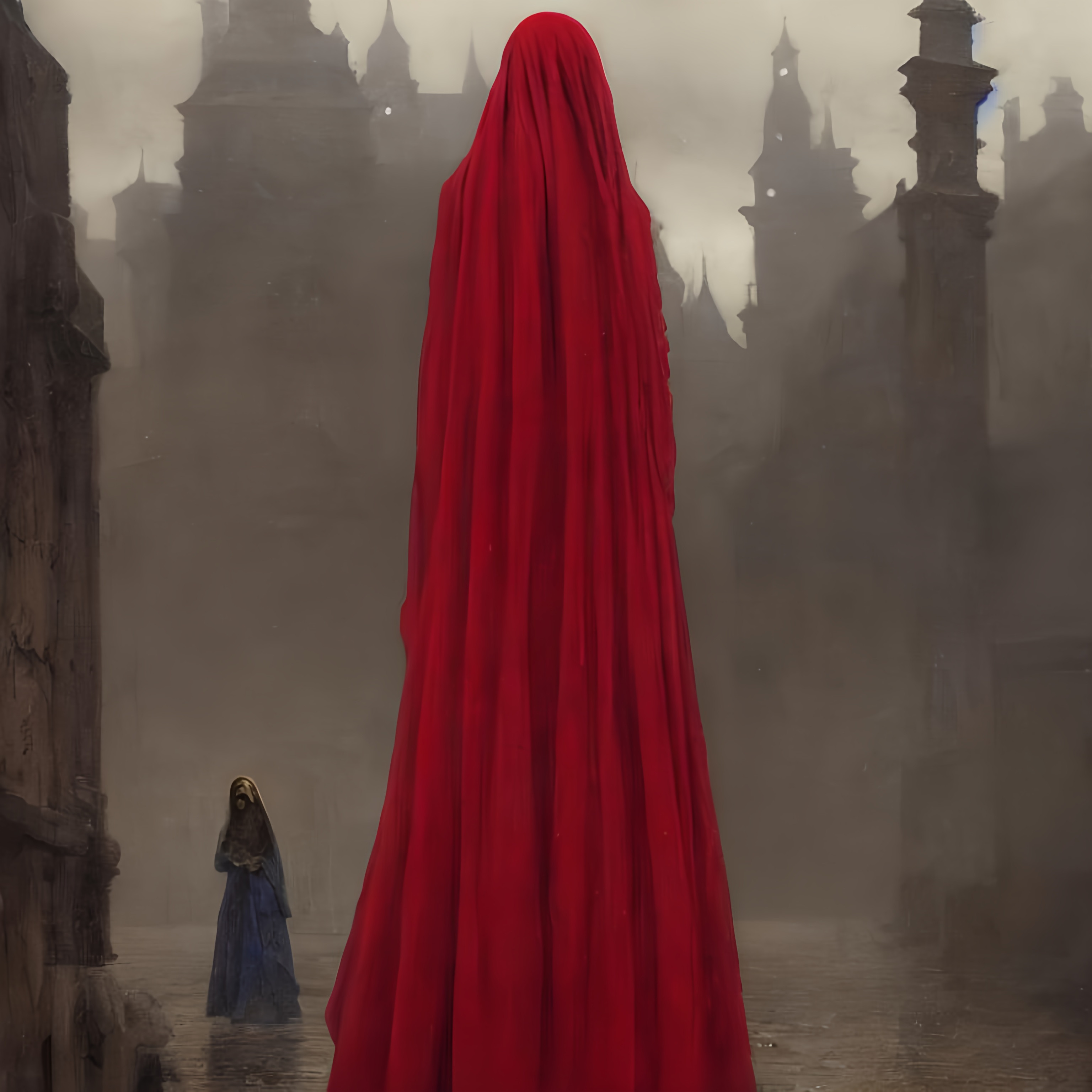 Surrealist painting of a woman in a red cloak, inspi...