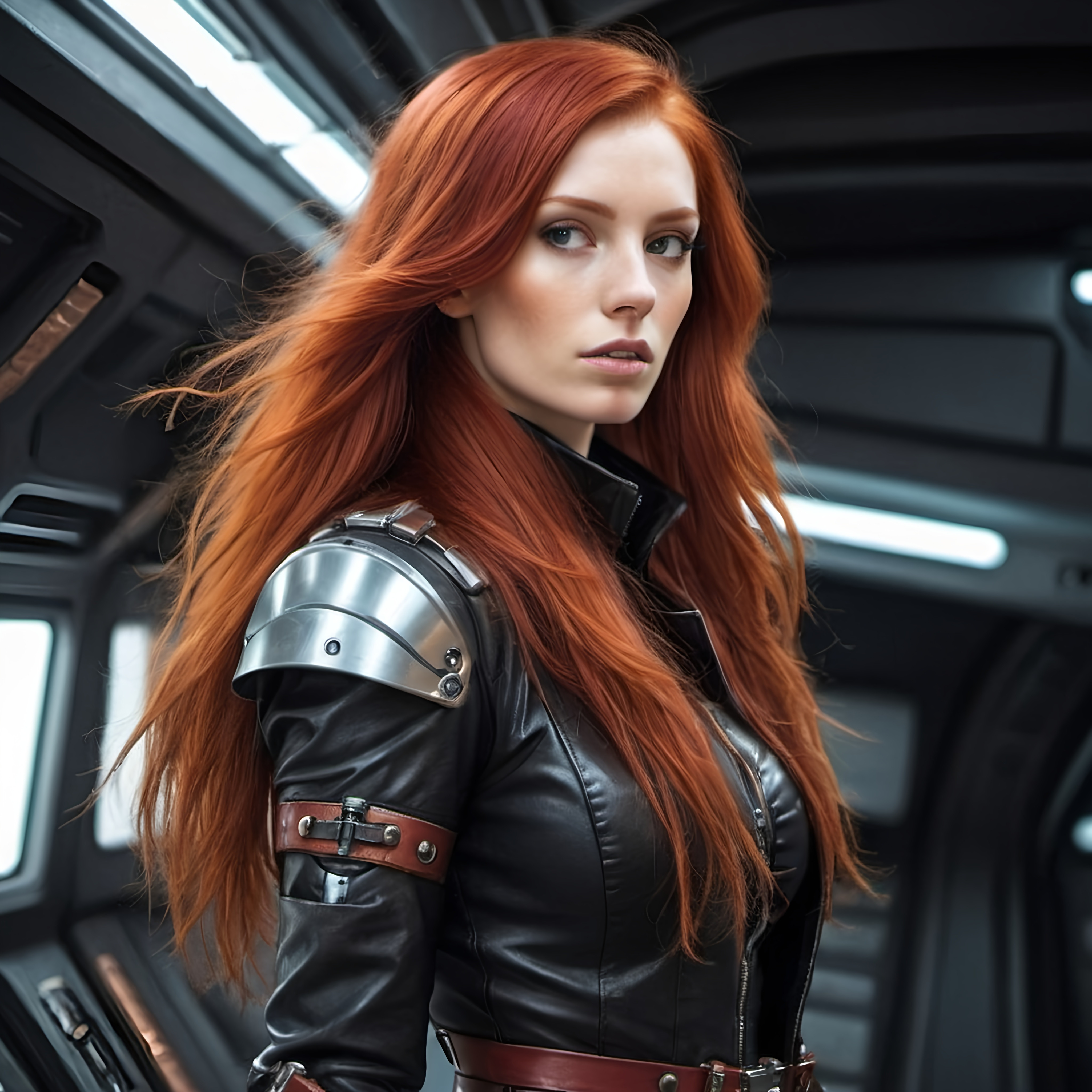 Tall girl, redhead, long hair, leather wear, space...