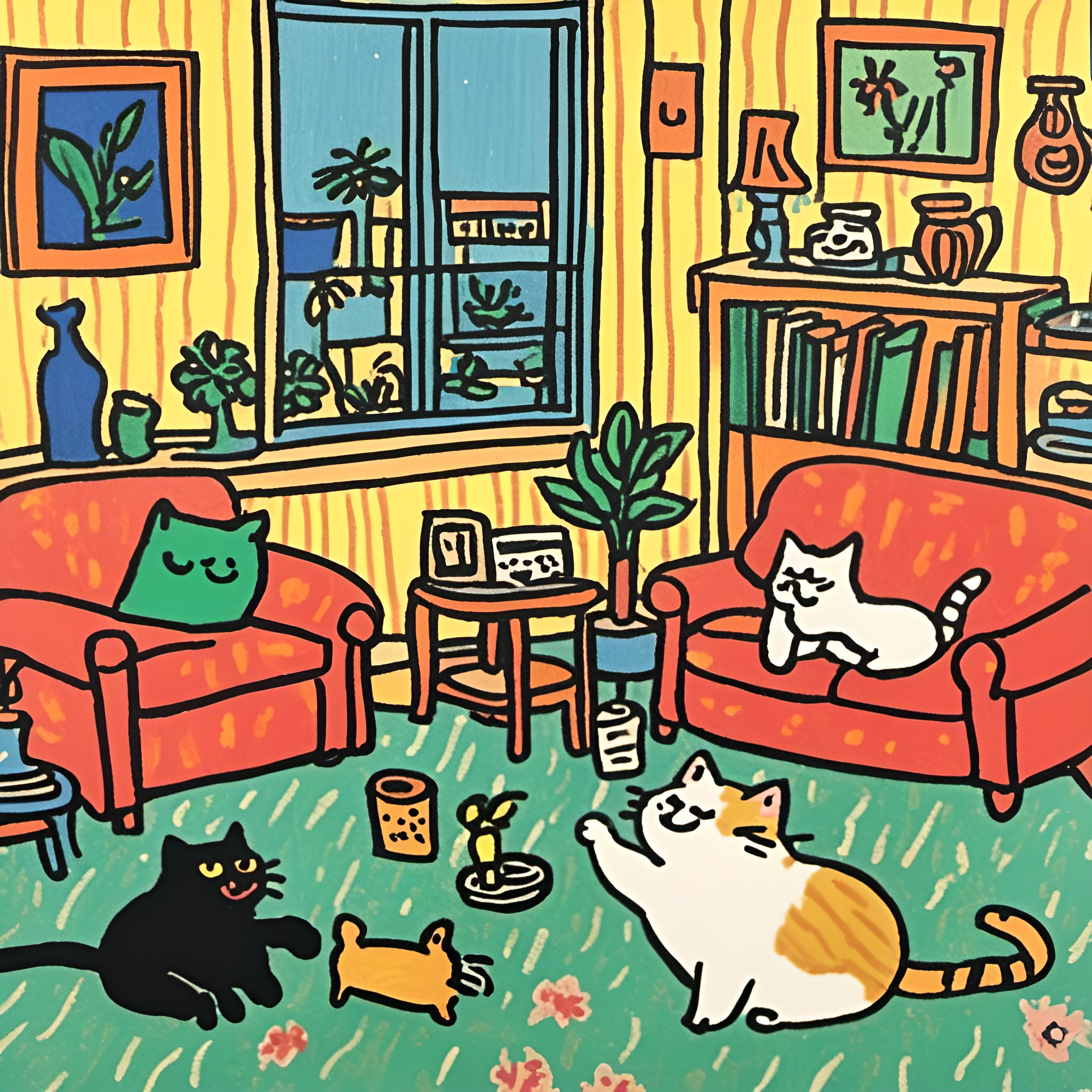 Two cats playing in a living room