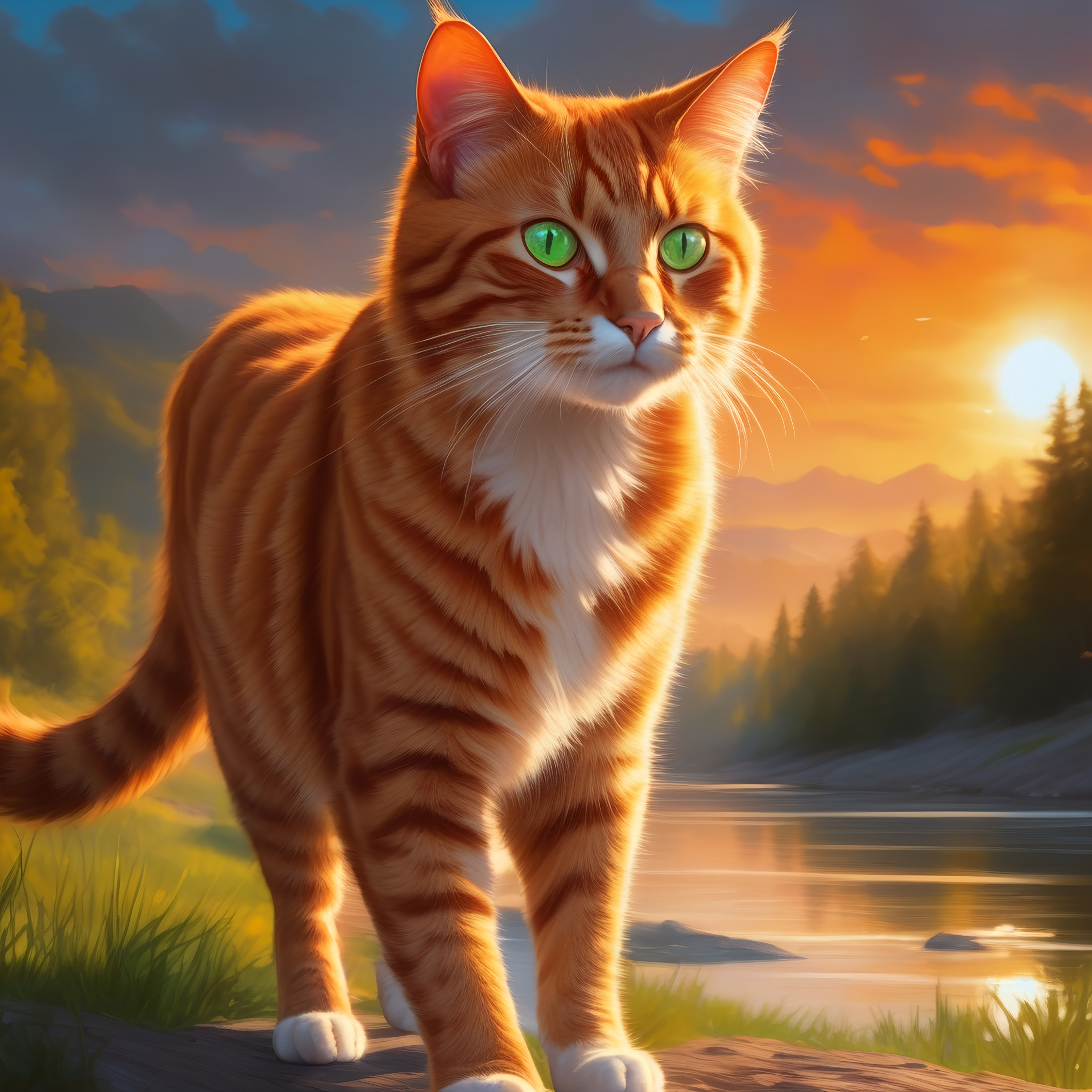 warrior cat with {fiery orange fur} and bright green... | OpenArt