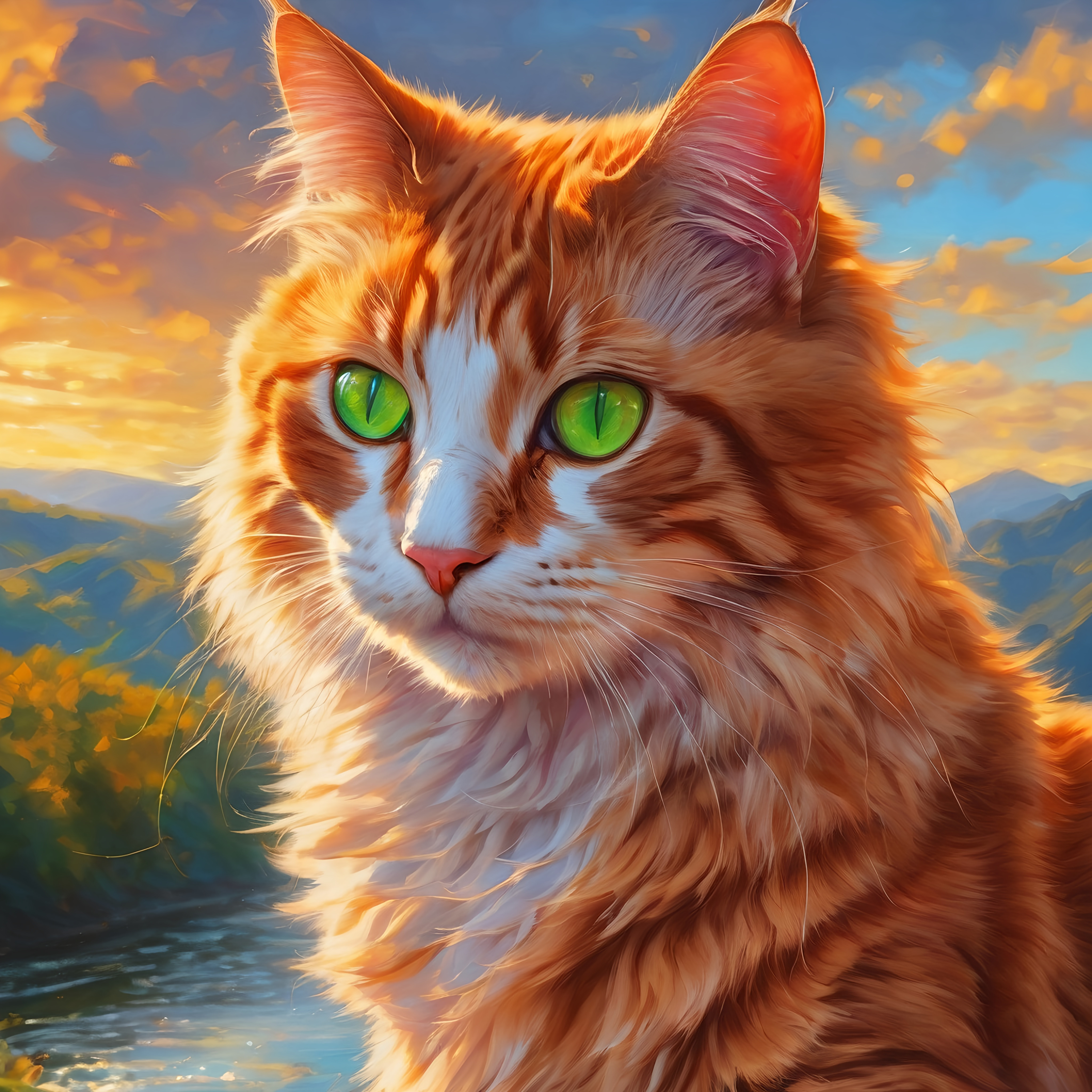 warrior cat with {fiery orange fur} and bright green...