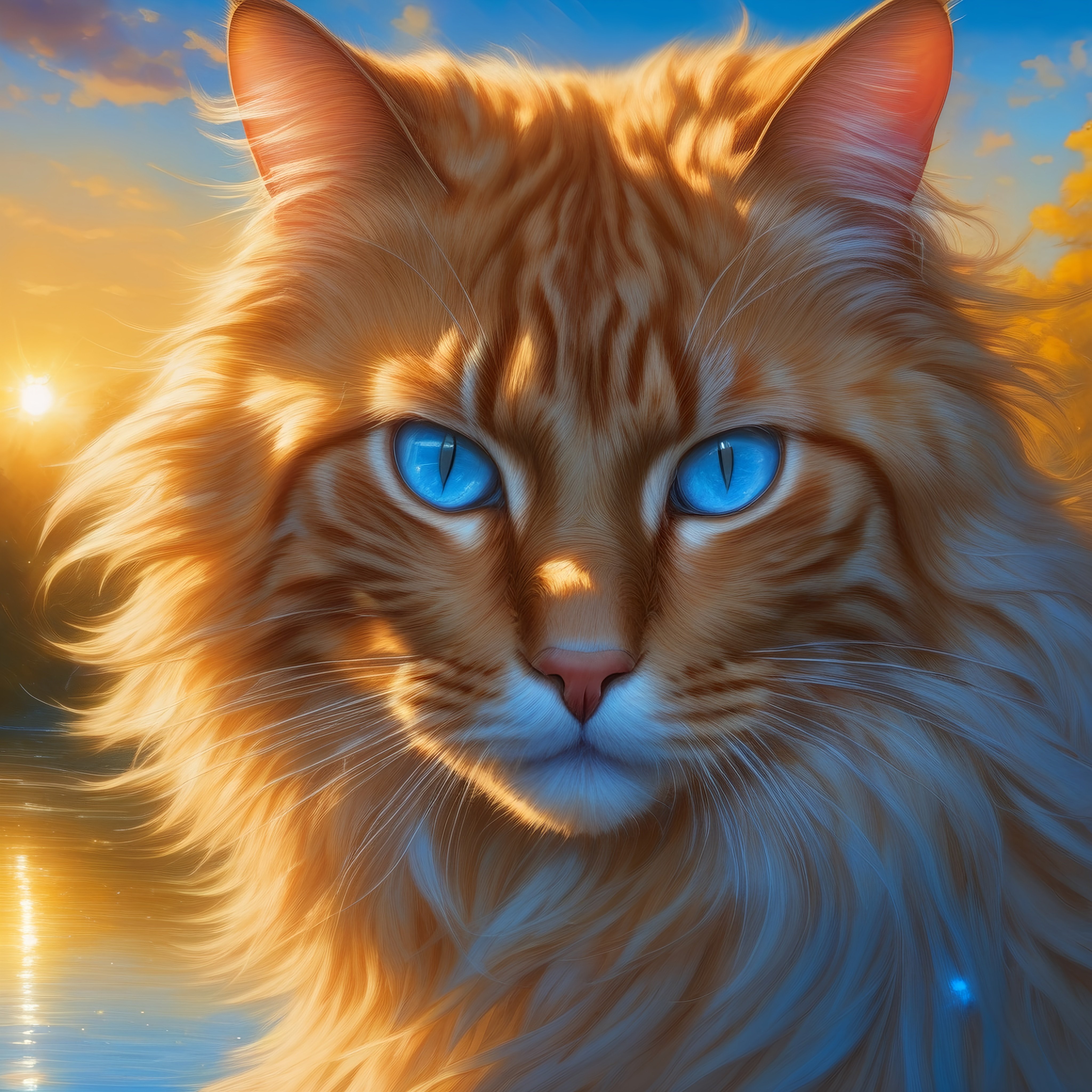 warrior cat with pearl-gold fur and sapphire blue ey... | OpenArt