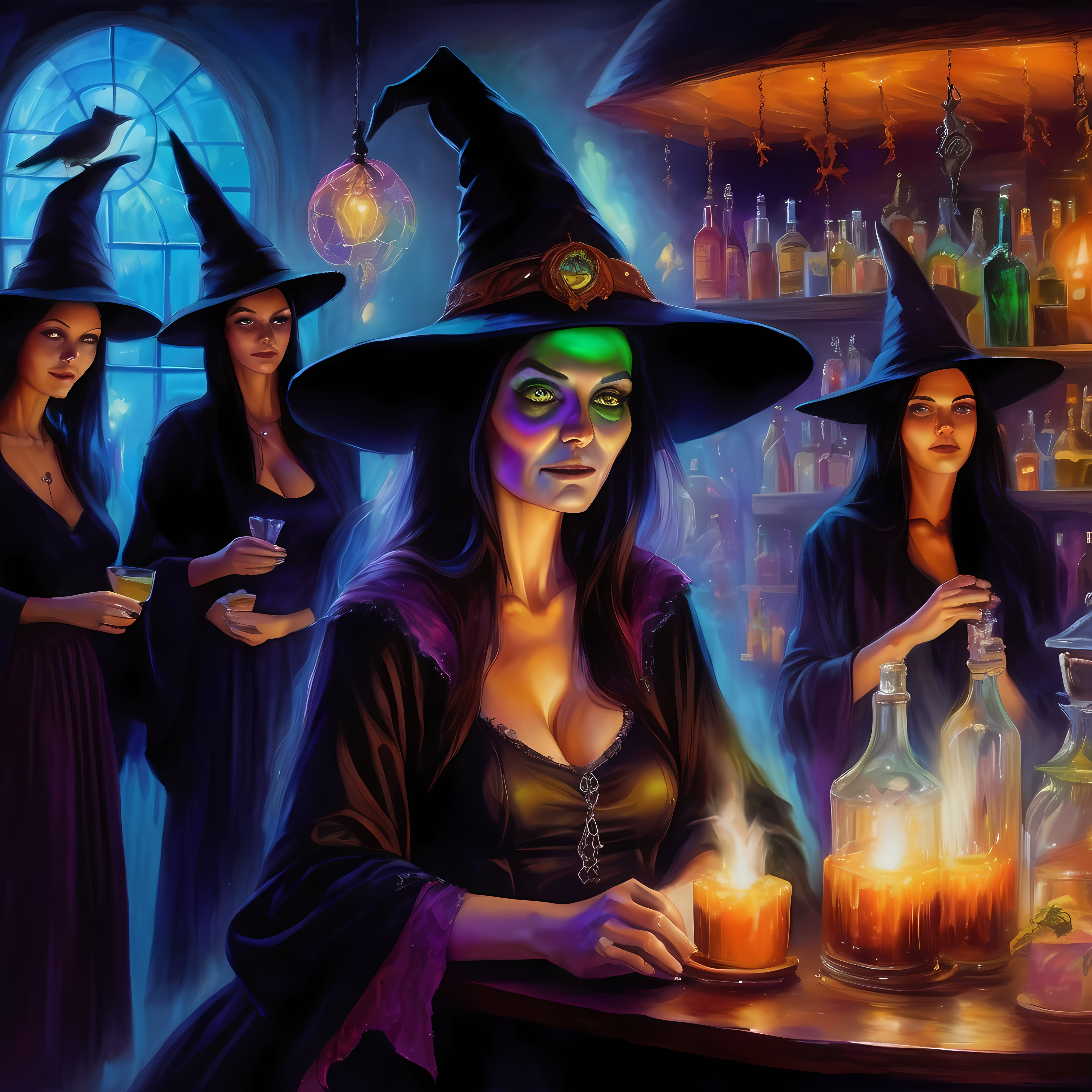 Witch surrounded by admirers at a magical bar vibrant and mystical oil painting detailed witch wi