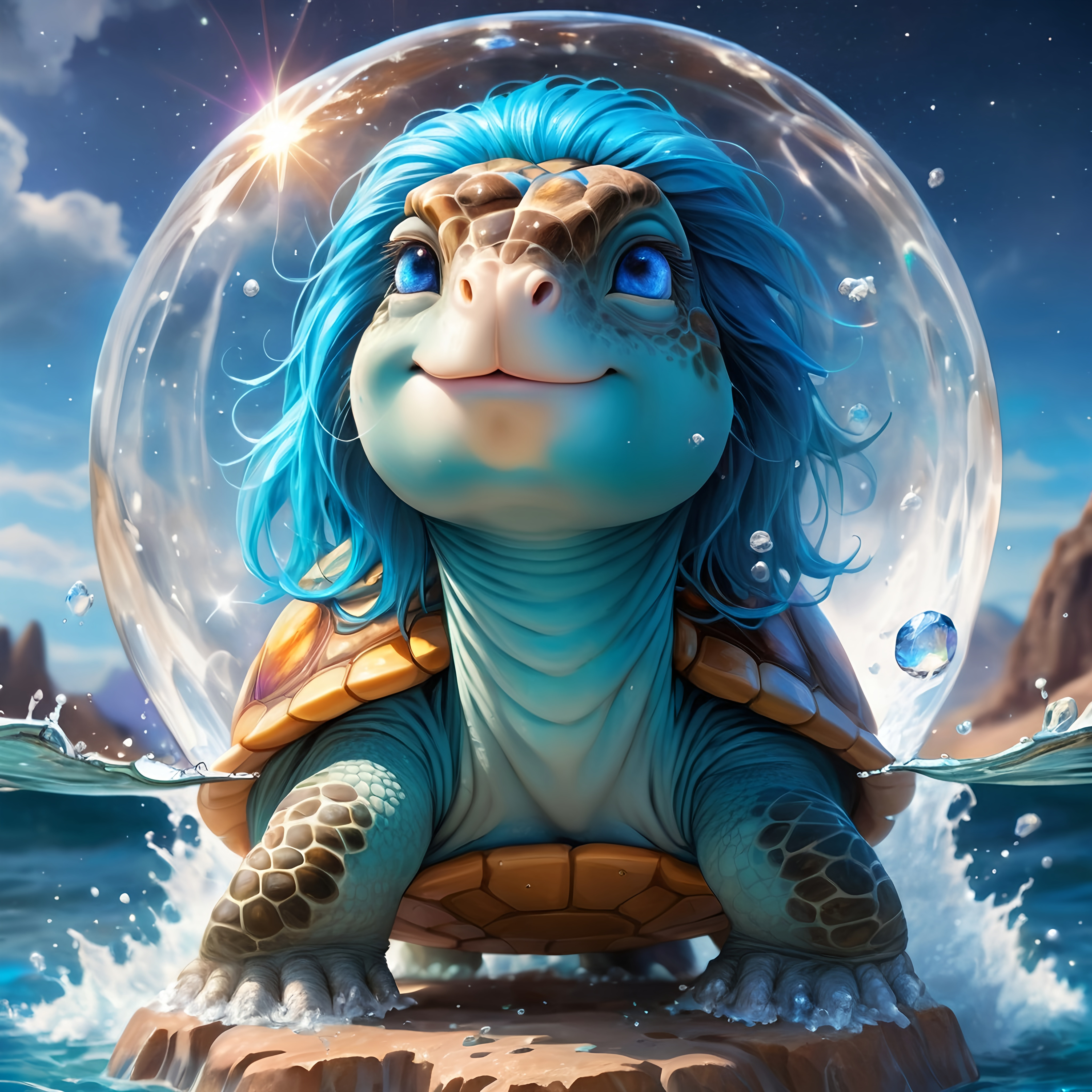 Wizard turtle. Blue eyes. Water Elements. zoomed out... | OpenArt