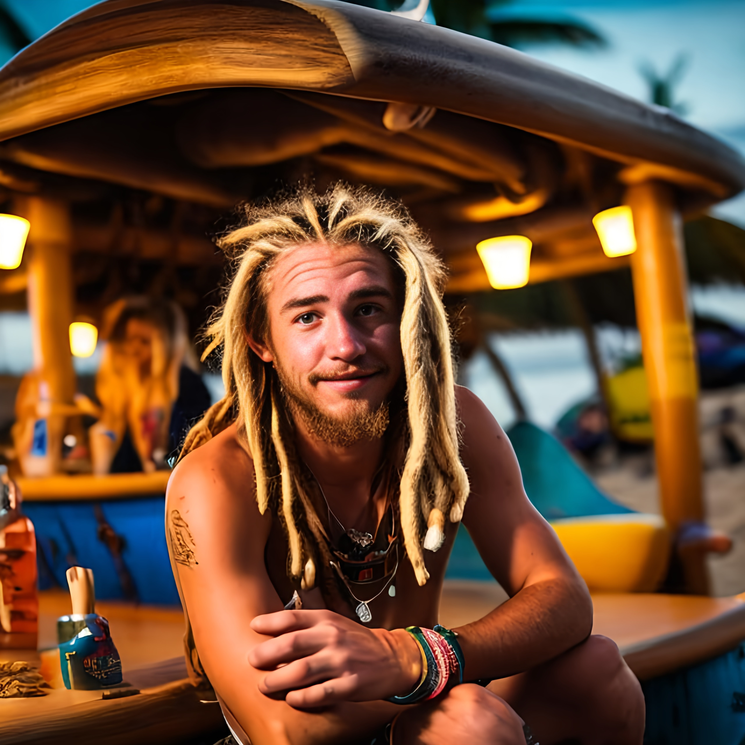 young beach bum with blonde dreads at a tiki bar carrying his surfboard