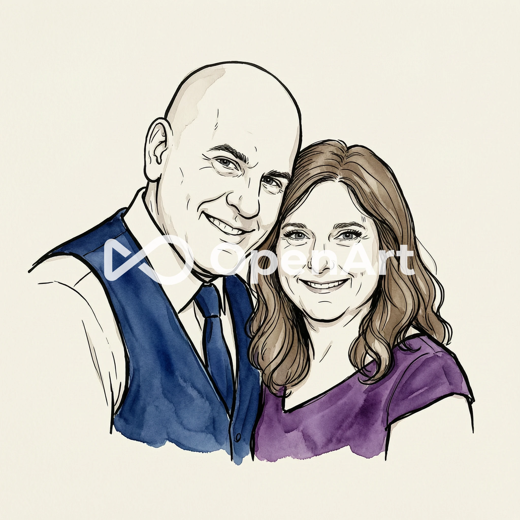 Watermarked illustrated portrait study of Rachel and Mark